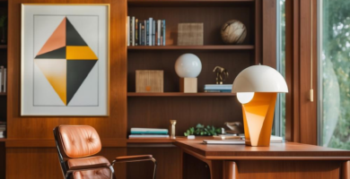 A warm and inviting mid-century modern home office featuring a rich wooden desk and built-in bookshelves, a classic brown leather executive chair, and a large window overlooking greenery. The space is adorned with minimalist decor and a striking geometric art piece.