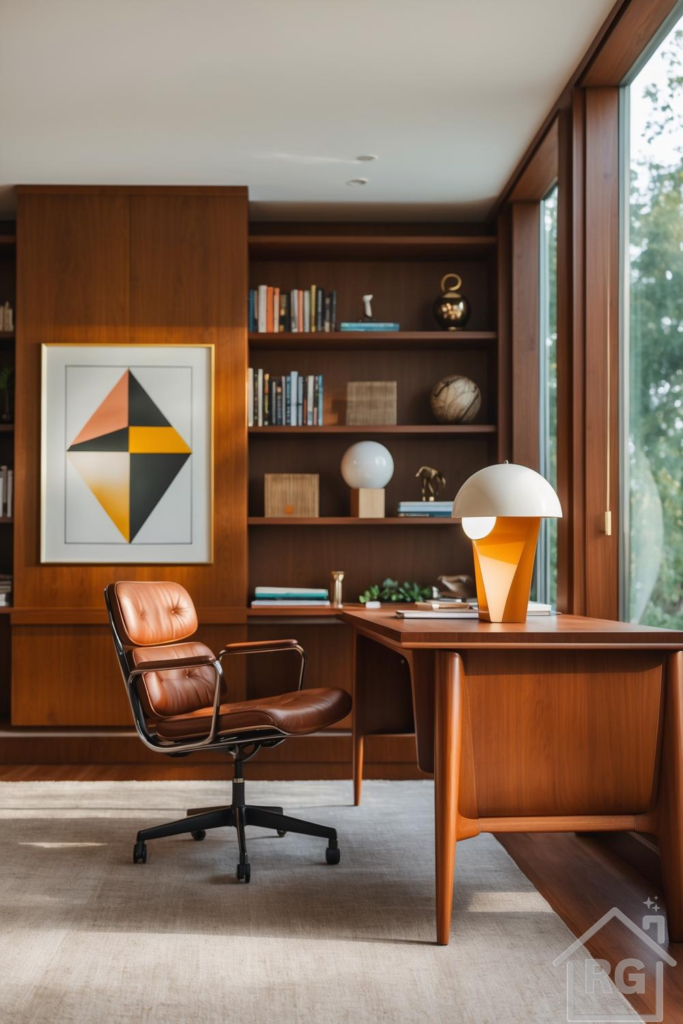A warm and inviting mid-century modern home office featuring a rich wooden desk and built-in bookshelves, a classic brown leather executive chair, and a large window overlooking greenery. The space is adorned with minimalist decor and a striking geometric art piece.