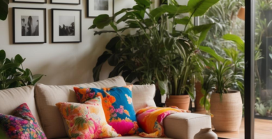 A bright and inviting living room featuring a neutral sectional sofa adorned with vibrant, floral-patterned throw pillows. Large tropical plants in terracotta and woven pots flank a sliding glass door, while a round wooden coffee table holds a ceramic vase and a book.
