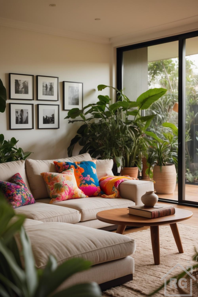 A bright and inviting living room featuring a neutral sectional sofa adorned with vibrant, floral-patterned throw pillows. Large tropical plants in terracotta and woven pots flank a sliding glass door, while a round wooden coffee table holds a ceramic vase and a book.