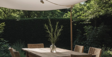 A sun-dappled outdoor dining area featuring a rustic wooden table and wicker chairs on a flagstone patio, shaded by a large cream fabric sail. Lush green trees and a dense hedge provide a natural backdrop.