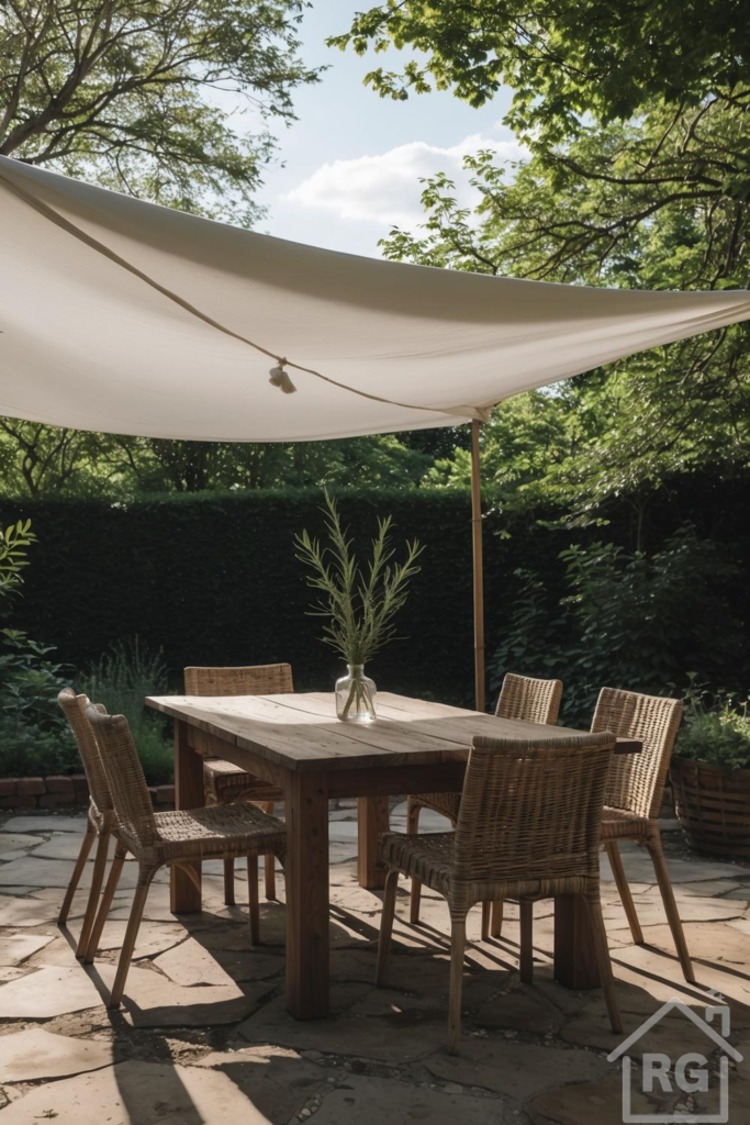 A sun-dappled outdoor dining area featuring a rustic wooden table and wicker chairs on a flagstone patio, shaded by a large cream fabric sail. Lush green trees and a dense hedge provide a natural backdrop.