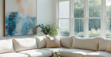 A bright and spacious minimalist living room featuring a large cream sectional sofa, a clear glass coffee table, and an abstract blue and orange painting on a white wall. Sunlight streams through tall windows, illuminating a textured beige rug and an indoor plant.