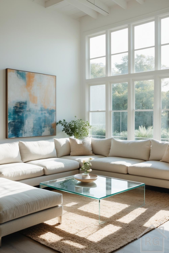 A bright and spacious minimalist living room featuring a large cream sectional sofa, a clear glass coffee table, and an abstract blue and orange painting on a white wall. Sunlight streams through tall windows, illuminating a textured beige rug and an indoor plant.