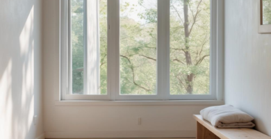 A minimalist home yoga room featuring light wooden floors, exposed ceiling beams, and white walls. A large window overlooks lush green trees, and a dark teal yoga mat lies centered on the floor, with a simple wooden bench and a light-colored throw blanket to the right.