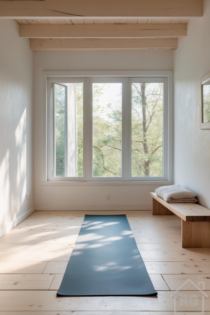 A minimalist home yoga room featuring light wooden floors, exposed ceiling beams, and white walls. A large window overlooks lush green trees, and a dark teal yoga mat lies centered on the floor, with a simple wooden bench and a light-colored throw blanket to the right.