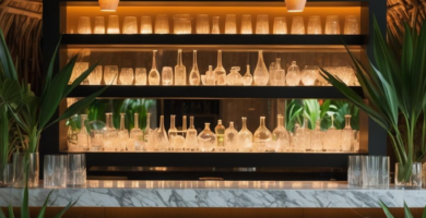 A stylish tropical-themed bar area featuring a dark bar structure with a white marble counter, three rattan bar stools with vibrant lime green velvet cushions, and a thatched ceiling. The bar shelves are illuminated, displaying a collection of clear glass bottles and glasses, flanked by lush green potted plants.