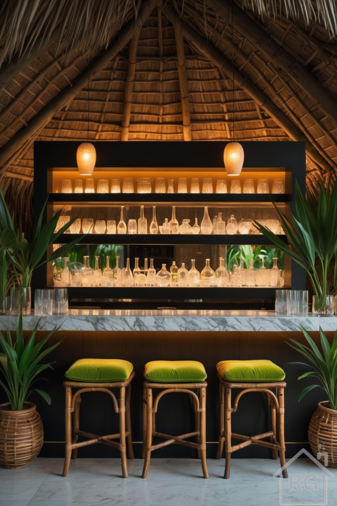 A stylish tropical-themed bar area featuring a dark bar structure with a white marble counter, three rattan bar stools with vibrant lime green velvet cushions, and a thatched ceiling. The bar shelves are illuminated, displaying a collection of clear glass bottles and glasses, flanked by lush green potted plants.