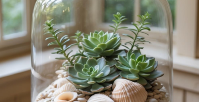 A close-up view of a beautiful coastal-themed terrarium housed under a glass cloche, featuring vibrant green succulents, natural sand, an assortment of seashells, and smooth white pebbles, all resting on a round side table in front of a sunlit window.