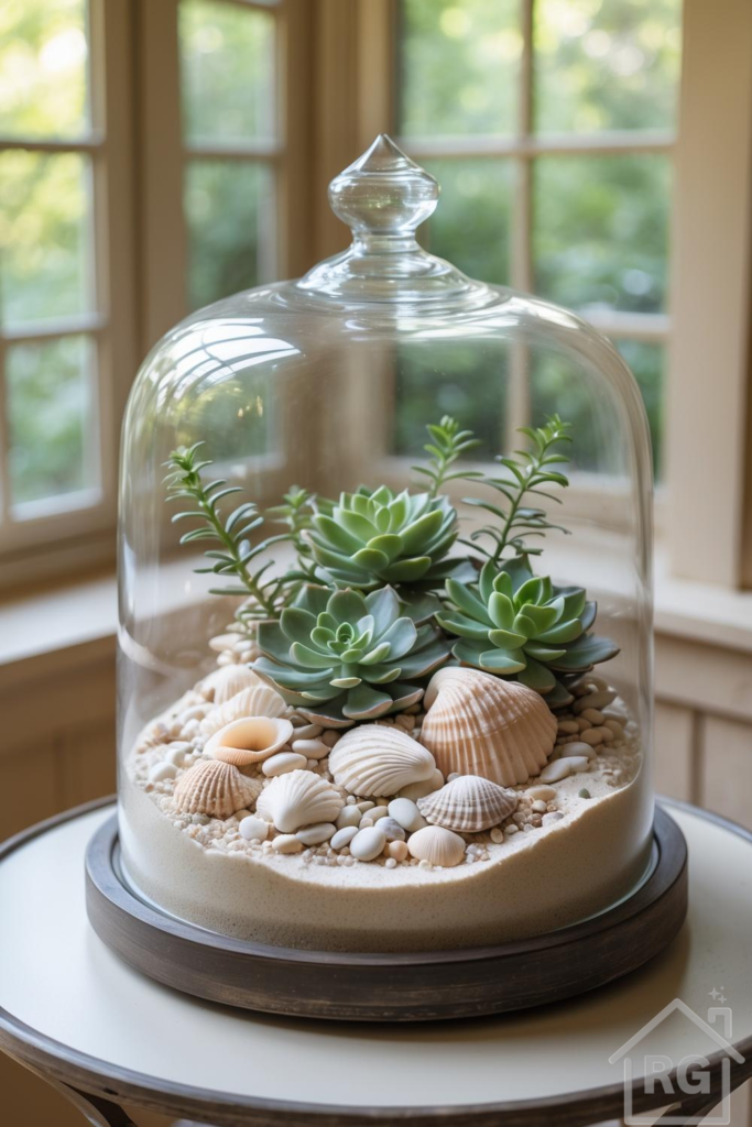 A close-up view of a beautiful coastal-themed terrarium housed under a glass cloche, featuring vibrant green succulents, natural sand, an assortment of seashells, and smooth white pebbles, all resting on a round side table in front of a sunlit window.