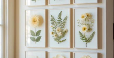 A gallery wall featuring nine framed pieces of pressed botanical art, showcasing various white and pale yellow flowers with green and brown leaves and ferns, arranged neatly on a light cream wall next to a window and a live fern plant.