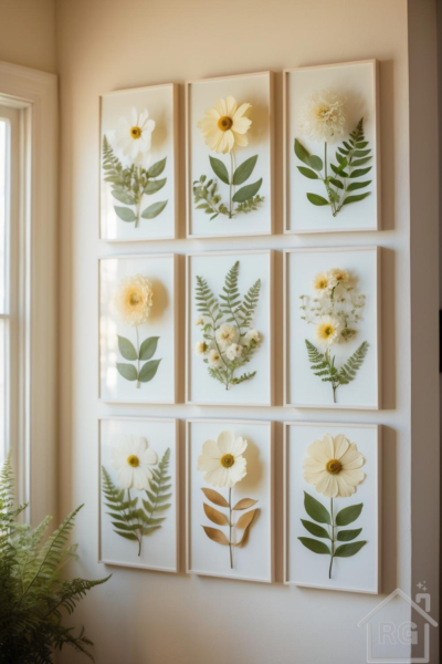 A gallery wall featuring nine framed pieces of pressed botanical art, showcasing various white and pale yellow flowers with green and brown leaves and ferns, arranged neatly on a light cream wall next to a window and a live fern plant.
