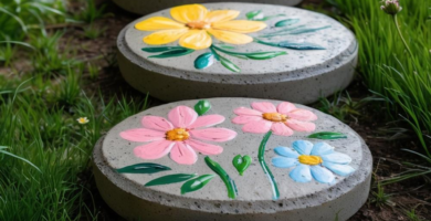 A whimsical garden path featuring a series of round, grey concrete stepping stones, each hand-painted with vibrant yellow, pink, and light blue flowers and green leaves, set amidst lush green grass and soil.