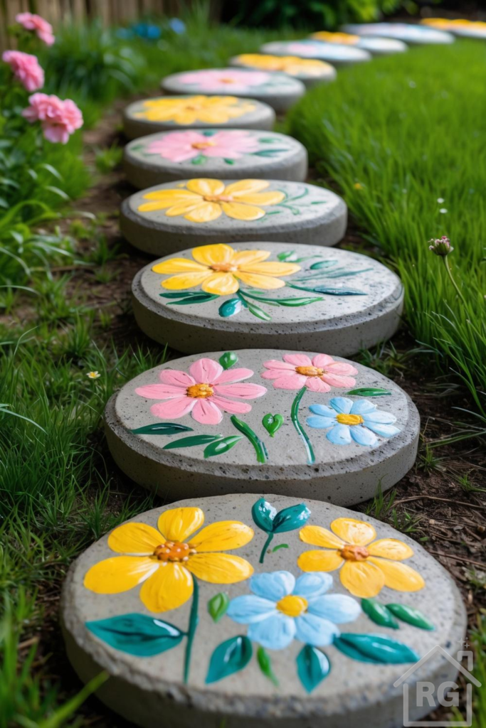 A whimsical garden path featuring a series of round, grey concrete stepping stones, each hand-painted with vibrant yellow, pink, and light blue flowers and green leaves, set amidst lush green grass and soil.