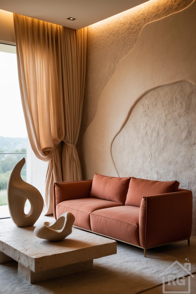 A modern living room featuring a terracotta-colored sofa, a rough-hewn stone coffee table with abstract sculptures, and a textured wall with organic shapes. Light beige curtains frame a large window, and warm cove lighting illuminates the textured wall.