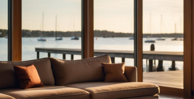A modern living room with a large sectional sofa and a live-edge wooden coffee table, facing expansive windows that overlook a body of water with boats. A geometric pendant light hangs from the ceiling, illuminating the warm-toned interior.