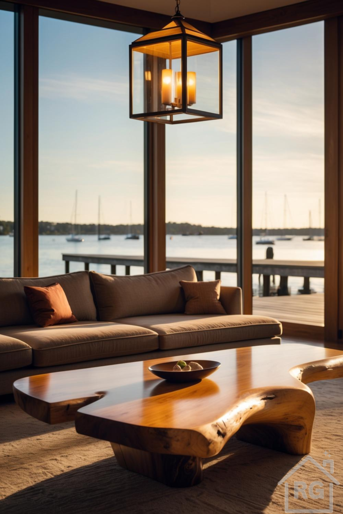 A modern living room with a large sectional sofa and a live-edge wooden coffee table, facing expansive windows that overlook a body of water with boats. A geometric pendant light hangs from the ceiling, illuminating the warm-toned interior.