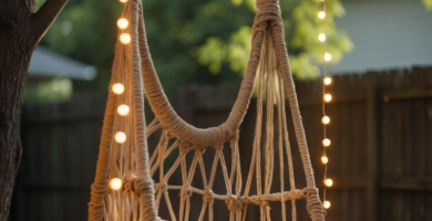 A cozy macrame rope swing chair with a white cushion hangs from a large tree branch, illuminated by warm globe string lights draped around the tree and chair. The background features a lush green lawn and a wooden privacy fence, creating an inviting evening backyard scene.