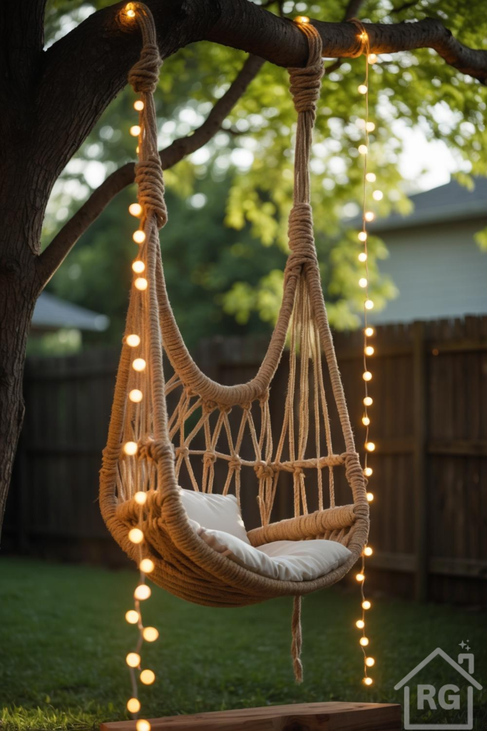 A cozy macrame rope swing chair with a white cushion hangs from a large tree branch, illuminated by warm globe string lights draped around the tree and chair. The background features a lush green lawn and a wooden privacy fence, creating an inviting evening backyard scene.