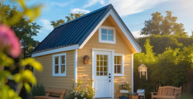 A charming yellow tiny house with a blue metal roof stands in a vibrant green front yard, featuring a wooden deck, two wooden benches, and colorful potted flowers.