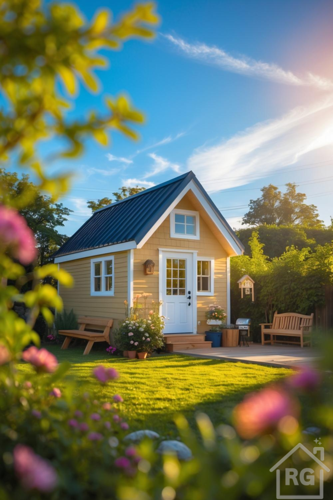 A charming yellow tiny house with a blue metal roof stands in a vibrant green front yard, featuring a wooden deck, two wooden benches, and colorful potted flowers.