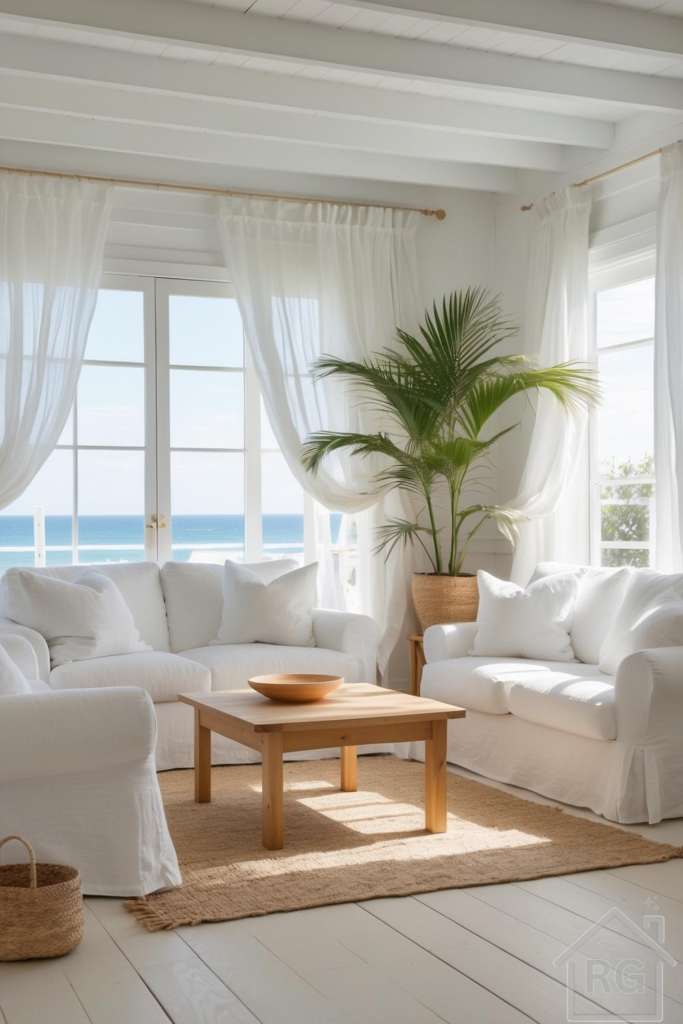 A bright and airy coastal living room with white slipcovered sofas, a light wood coffee table, and a large palm plant, overlooking a blue ocean through sheer white curtains. The room features white painted wooden floors and a natural fiber rug.