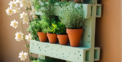 A charming DIY vertical garden made from a light green painted pallet, filled with terracotta pots holding various herbs and small green plants. White climbing flowers cascade down the side, set against a warm beige wall and concrete pavers.