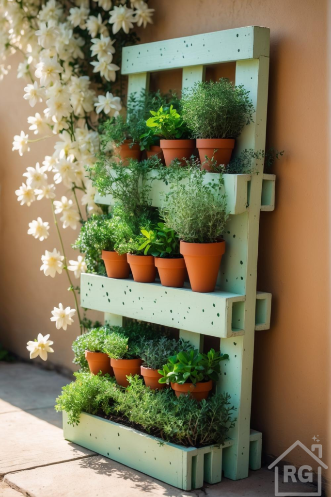 A charming DIY vertical garden made from a light green painted pallet, filled with terracotta pots holding various herbs and small green plants. White climbing flowers cascade down the side, set against a warm beige wall and concrete pavers.