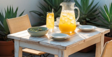 A bright, sunlit outdoor terrace features a distressed white wooden table set for breakfast, surrounded by various potted succulents and cacti. The scene includes light-colored patio chairs and a grey tiled floor, evoking a warm, Mediterranean ambiance.