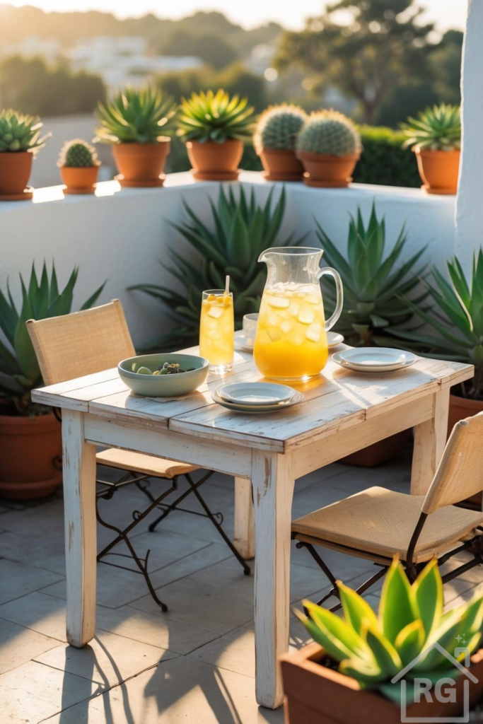 A bright, sunlit outdoor terrace features a distressed white wooden table set for breakfast, surrounded by various potted succulents and cacti. The scene includes light-colored patio chairs and a grey tiled floor, evoking a warm, Mediterranean ambiance.