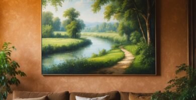 A warm and inviting living room featuring terracotta-colored walls, a large brown sectional sofa, and a live-edge wood coffee table. A prominent landscape painting depicting a river and lush greenery hangs above the sofa, flanked by potted plants.
