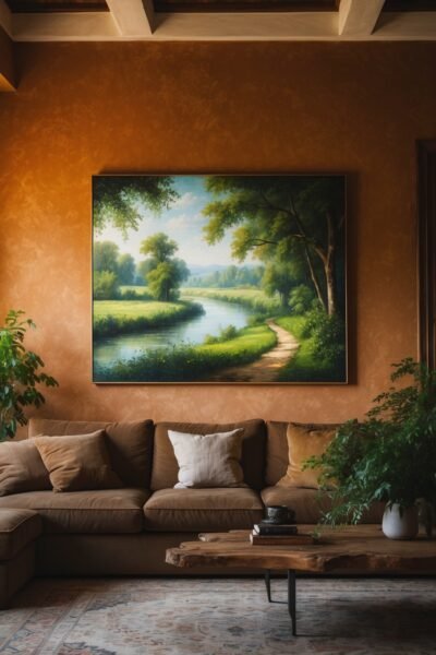A warm and inviting living room featuring terracotta-colored walls, a large brown sectional sofa, and a live-edge wood coffee table. A prominent landscape painting depicting a river and lush greenery hangs above the sofa, flanked by potted plants.