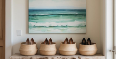 A coastal-inspired entryway features a distressed wood console table with woven baskets holding shoes, topped by an ocean wave painting and a round woven mirror, all against a light-colored wall. The light wood floor complements the natural textures and serene blue and green hues.