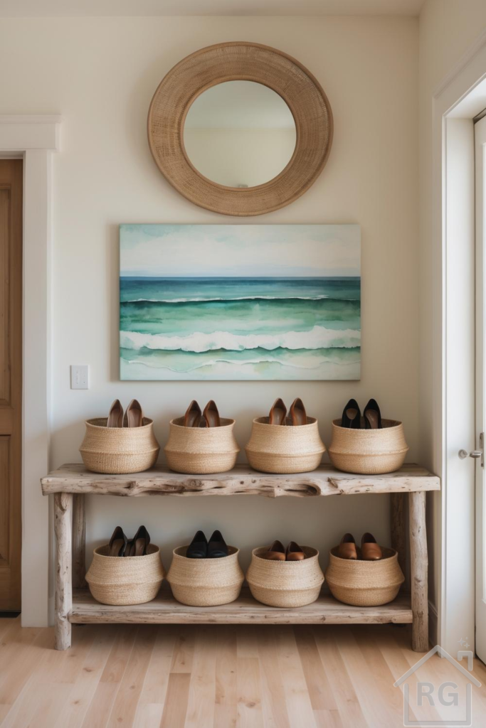 A coastal-inspired entryway features a distressed wood console table with woven baskets holding shoes, topped by an ocean wave painting and a round woven mirror, all against a light-colored wall. The light wood floor complements the natural textures and serene blue and green hues.