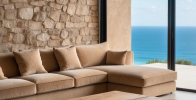 A luxurious coastal living room featuring a large beige sectional sofa, a chunky wooden coffee table, and a textured rug, set against a natural stone accent wall with expansive sliding glass doors opening to a vibrant blue ocean view.