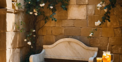 A serene Mediterranean-style patio featuring a white marble bench, a wrought iron side table, and a stone wall covered in lush climbing white roses. The flagstone patio floor is dappled with sunlight and shadows.