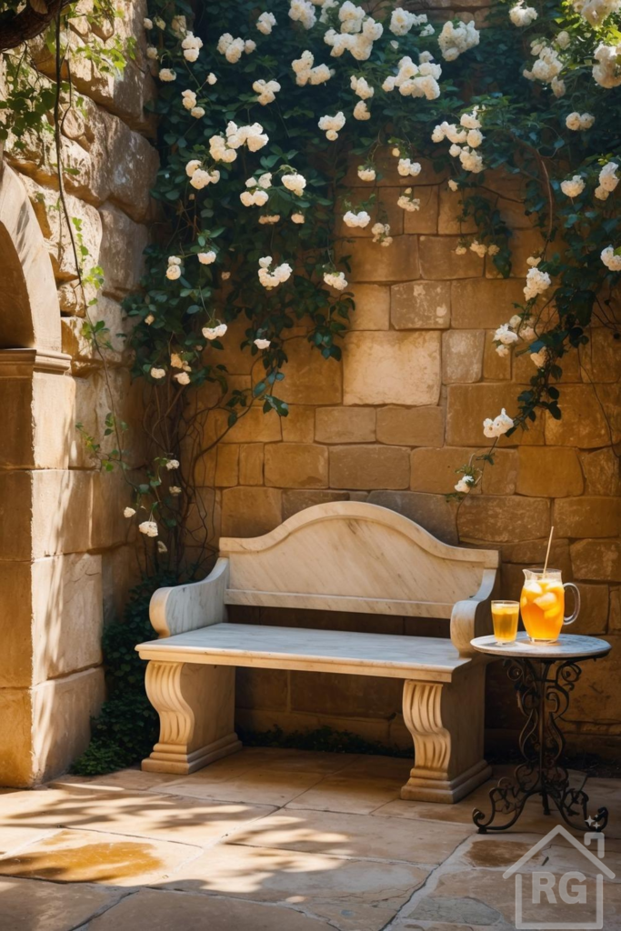 A serene Mediterranean-style patio featuring a white marble bench, a wrought iron side table, and a stone wall covered in lush climbing white roses. The flagstone patio floor is dappled with sunlight and shadows.
