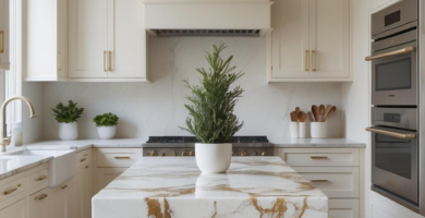 A luxurious kitchen featuring cream-colored custom cabinetry, a large white marble island with dramatic gold veining, and integrated stainless steel appliances. The space is bright and elegant, with brass hardware accents and potted green plants.