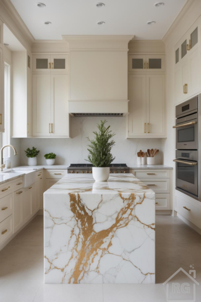 A luxurious kitchen featuring cream-colored custom cabinetry, a large white marble island with dramatic gold veining, and integrated stainless steel appliances. The space is bright and elegant, with brass hardware accents and potted green plants.