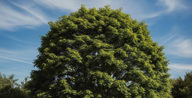 A vast, manicured green lawn with a large, mature deciduous tree providing ample shade. Beneath the tree sits a modern wooden lounge chair with a light-colored cushion, set against a bright blue sky with wispy clouds.
