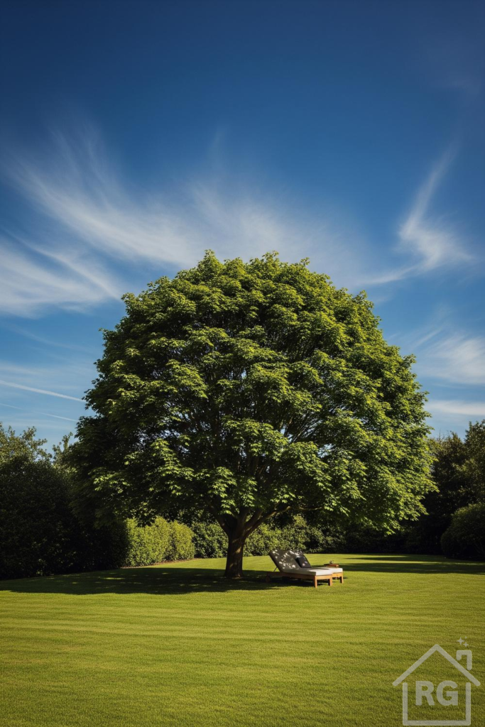 A vast, manicured green lawn with a large, mature deciduous tree providing ample shade. Beneath the tree sits a modern wooden lounge chair with a light-colored cushion, set against a bright blue sky with wispy clouds.