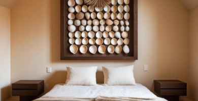 A minimalist bedroom featuring a dark wood platform bed with white linen bedding, flanked by floating nightstands. Above the bed, a large framed art piece made of natural shells and woven elements hangs on a warm beige wall, under a sloped ceiling with a skylight.