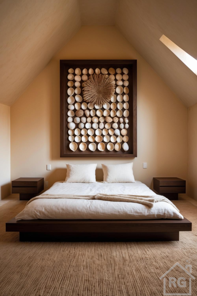 A minimalist bedroom featuring a dark wood platform bed with white linen bedding, flanked by floating nightstands. Above the bed, a large framed art piece made of natural shells and woven elements hangs on a warm beige wall, under a sloped ceiling with a skylight.
