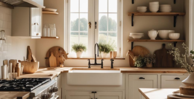 A bright and inviting farmhouse-style kitchen featuring white shaker cabinets, wooden countertops, exposed ceiling beams, and a large farmhouse sink under a sunlit window. The room is adorned with open shelving displaying white ceramic dishes, wooden cutting boards, and potted herbs, creating a warm and rustic aesthetic.