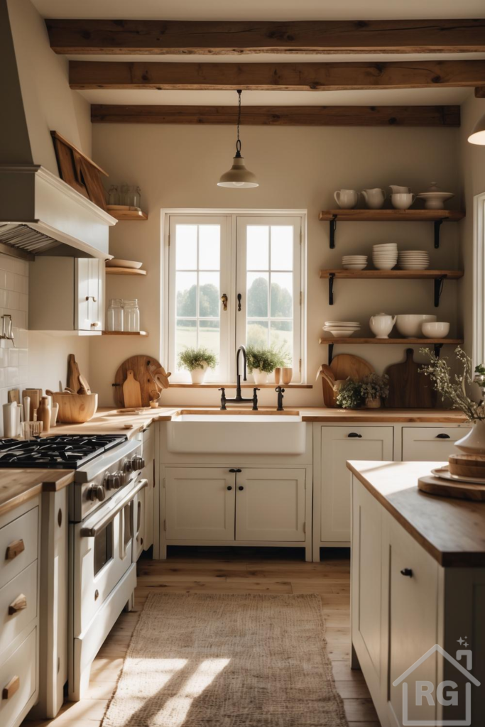 A bright and inviting farmhouse-style kitchen featuring white shaker cabinets, wooden countertops, exposed ceiling beams, and a large farmhouse sink under a sunlit window. The room is adorned with open shelving displaying white ceramic dishes, wooden cutting boards, and potted herbs, creating a warm and rustic aesthetic.