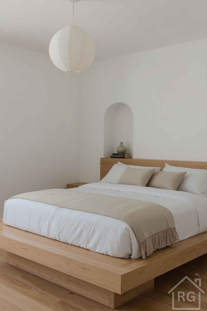 A Japandi-inspired bedroom with a platform bed in light oak, layered neutral bedding, and a soft beige throw. Paper lantern pendant light overhead.