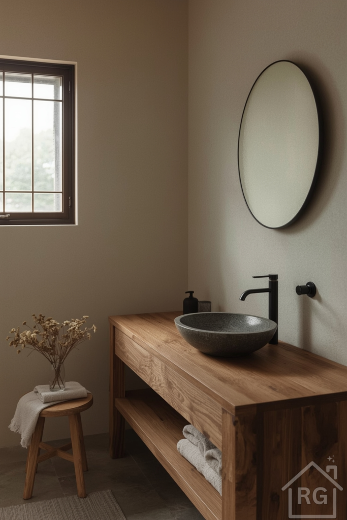 A Japandi-style bathroom with a wooden vanity, stone vessel sink, and black faucet fixtures. Light filters through a frosted shoji window.