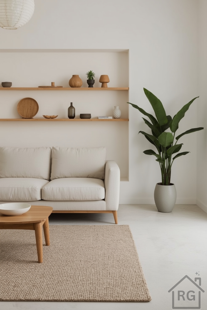 A Japandi-style living room with a neutral linen sofa, low oak coffee table, soft grey jute rug, and a large indoor plant in a ceramic planter. Clean open shelving with handmade decor and warm ambient light from a paper lantern.
