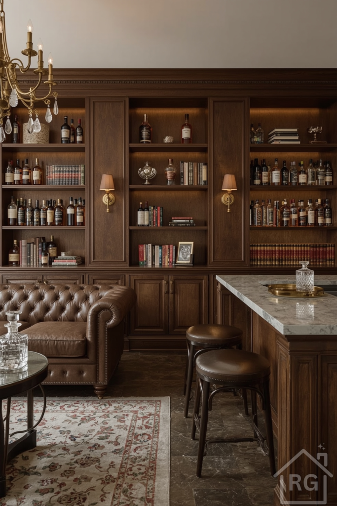 Classic-modern home whiskey lounge with dark wood shelves, tufted leather sofa, marble bar, and warm lighting.