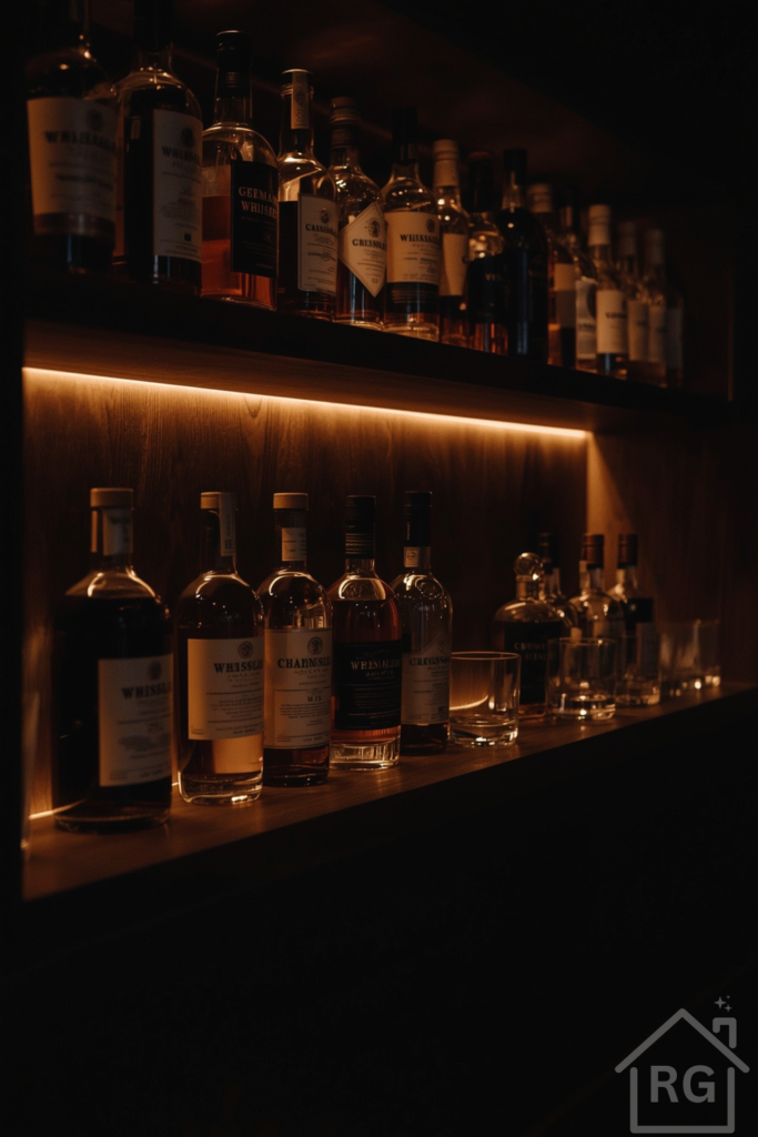Close-up of a backlit wooden bar shelf with whiskey bottles and glasses.